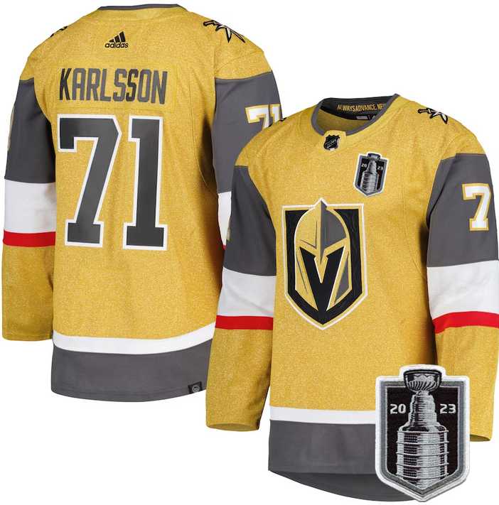 Mens Vegas Golden Knights #71 William Karlsson Gold 2023 Stanley Cup Final Stitched Jersey Dzhi
